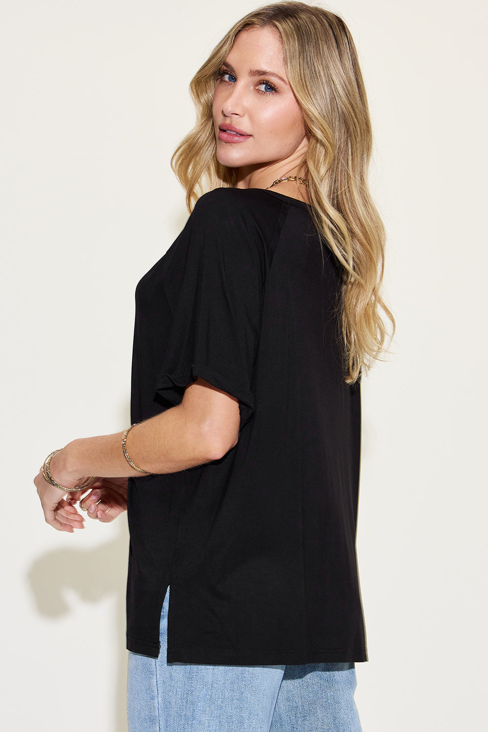 Basic Bae Full Size Bamboo Slit V-Neck Short Sleeve T-Shirt - Fragrance Spice