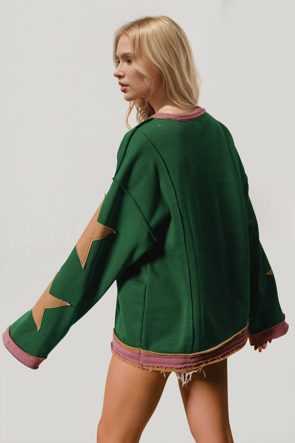 Double Take Star Patched Long Sleeve Sweatshirt - Fragrance Spice