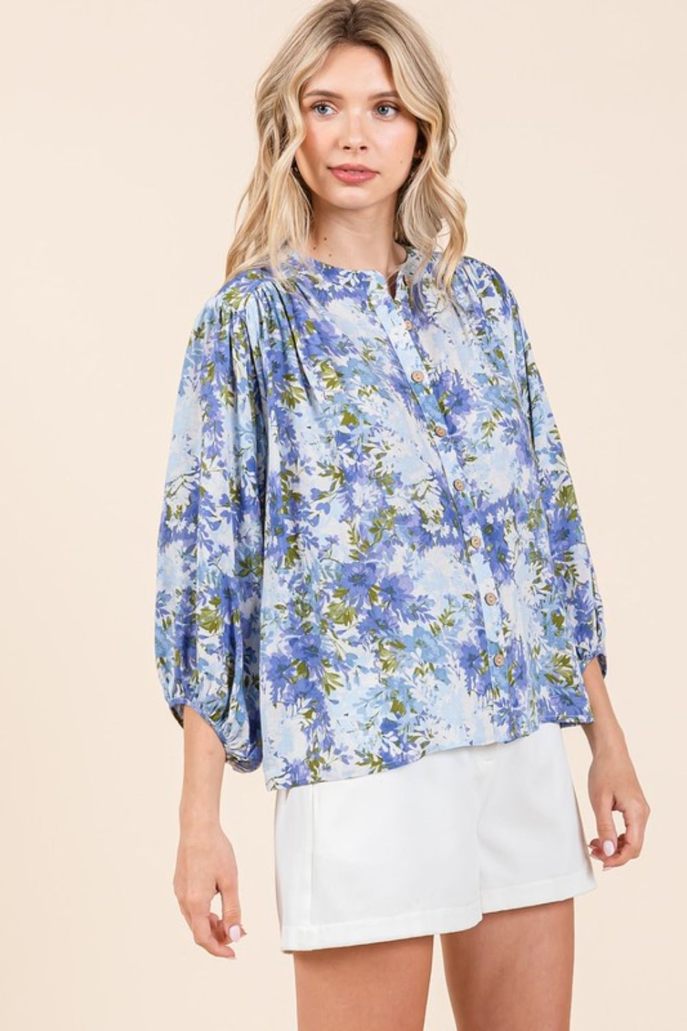 Mittoshop Flower Print Batwing Sleeve Button Down Blouse - Fragrance Spice