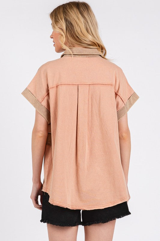 Mittoshop Mineral Washed Half Button Polo Top - Fragrance Spice