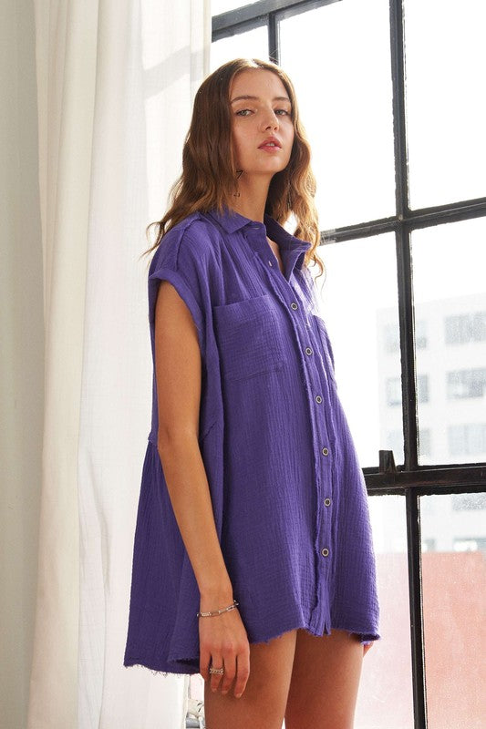 ADORA Raw Hem Collared Neck Button Down Shirt - Fragrance Spice