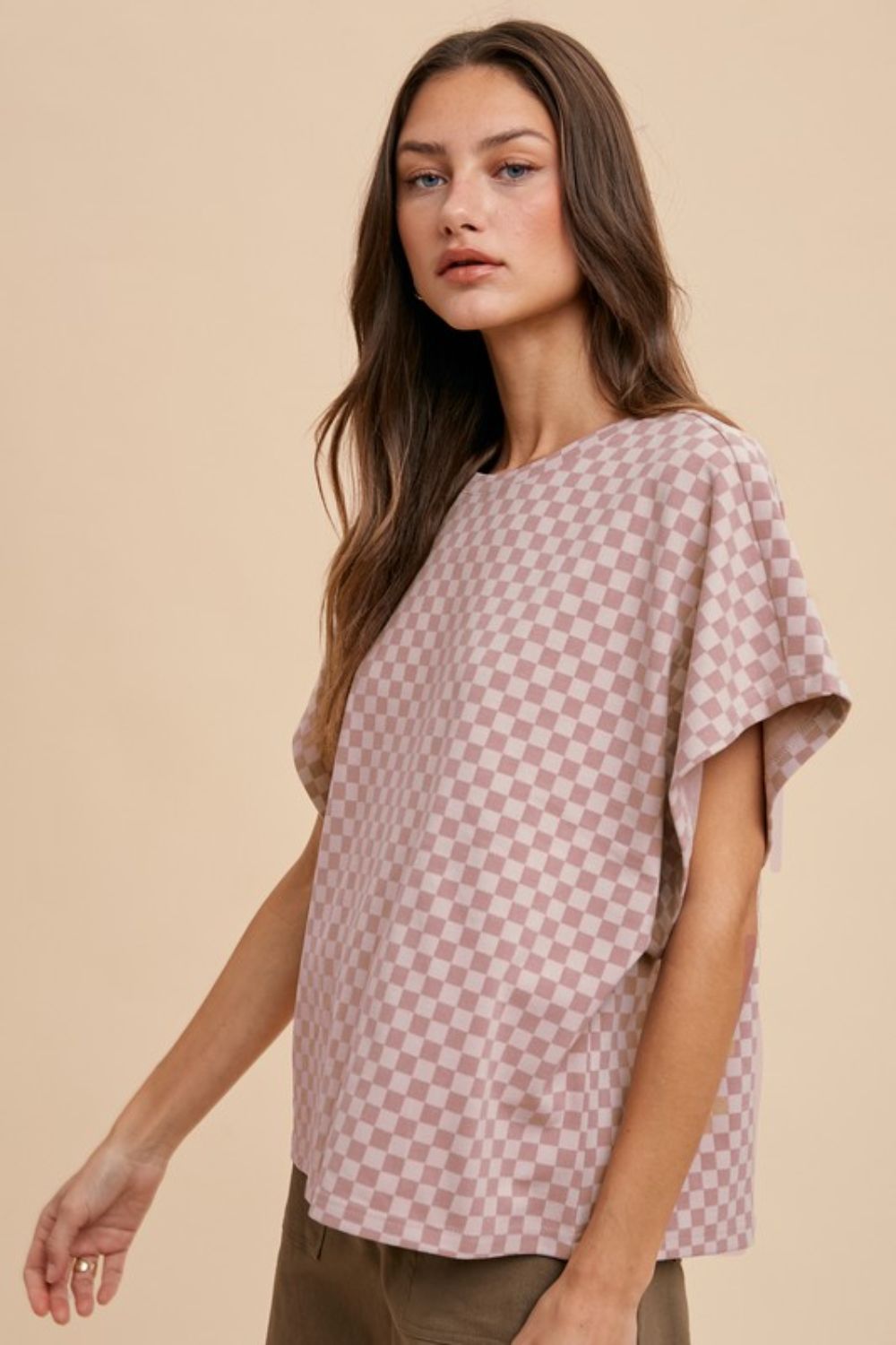 Annie Wear Checkered Round Neck Short Sleeve T-Shirt - Fragrance Spice