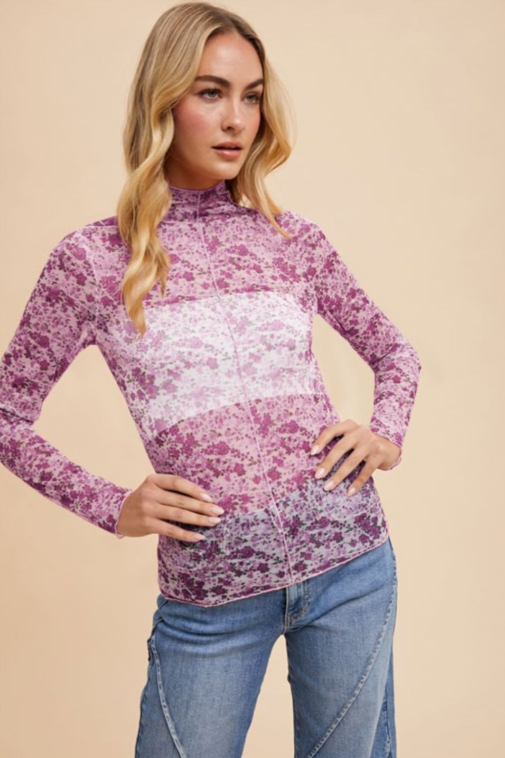 Annie Wear Floral Lettuce Hem Sheer Mesh Top - Fragrance Spice
