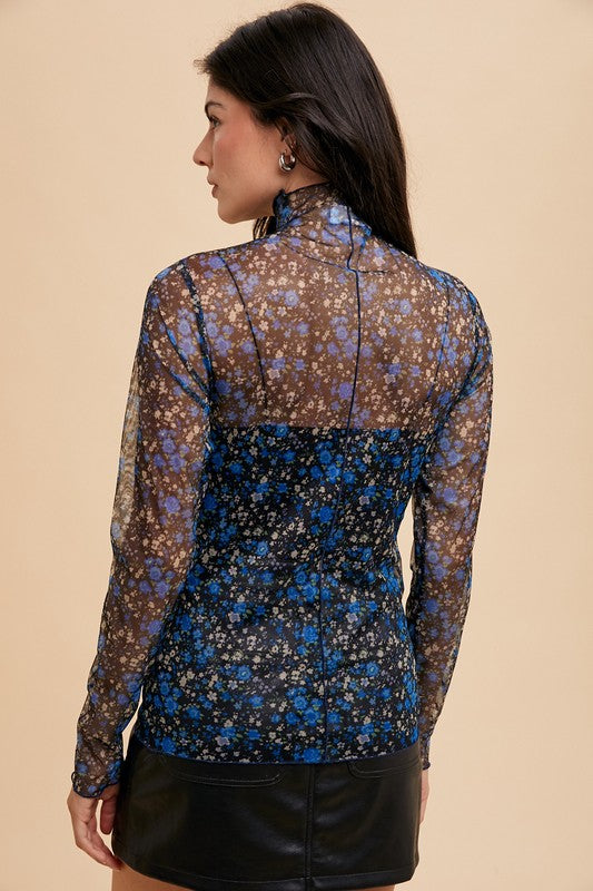 Annie Wear Floral Lettuce Hem Sheer Mesh Top - Fragrance Spice