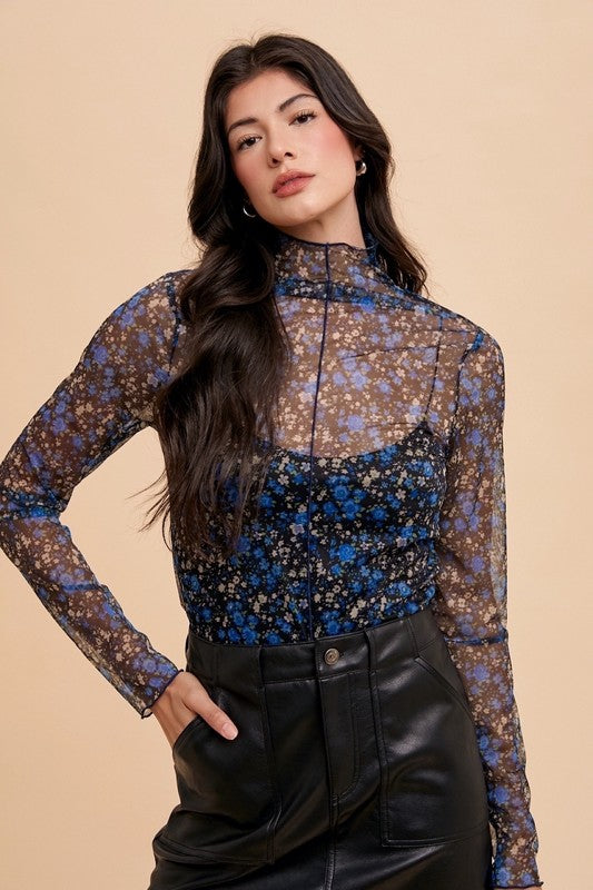 Annie Wear Floral Lettuce Hem Sheer Mesh Top - Fragrance Spice