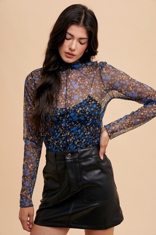 Annie Wear Floral Lettuce Hem Sheer Mesh Top - Fragrance Spice