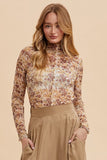 Annie Wear Floral Lettuce Hem Sheer Mesh Top - Fragrance Spice