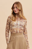Annie Wear Floral Lettuce Hem Sheer Mesh Top - Fragrance Spice