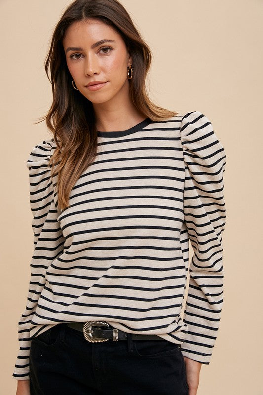 Annie Wear Striped Round Neck Puff Sleeve French Terry Top - Fragrance Spice
