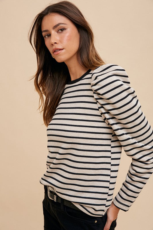 Annie Wear Striped Round Neck Puff Sleeve French Terry Top - Fragrance Spice