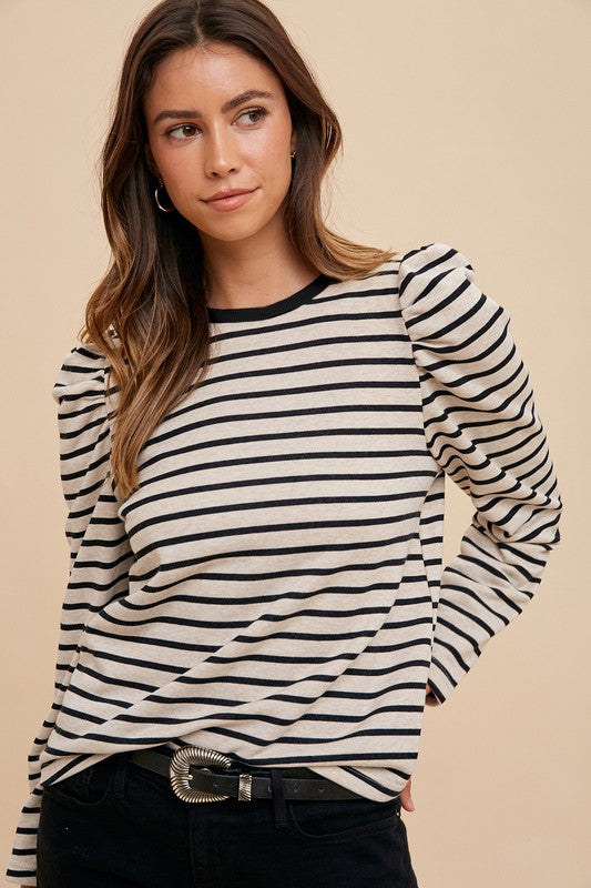 Annie Wear Striped Round Neck Puff Sleeve French Terry Top - Fragrance Spice