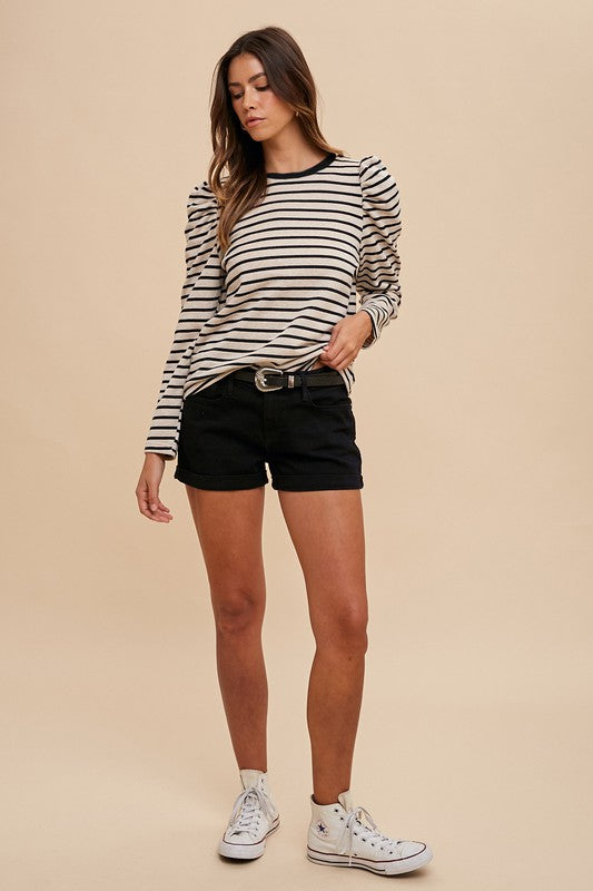 Annie Wear Striped Round Neck Puff Sleeve French Terry Top - Fragrance Spice
