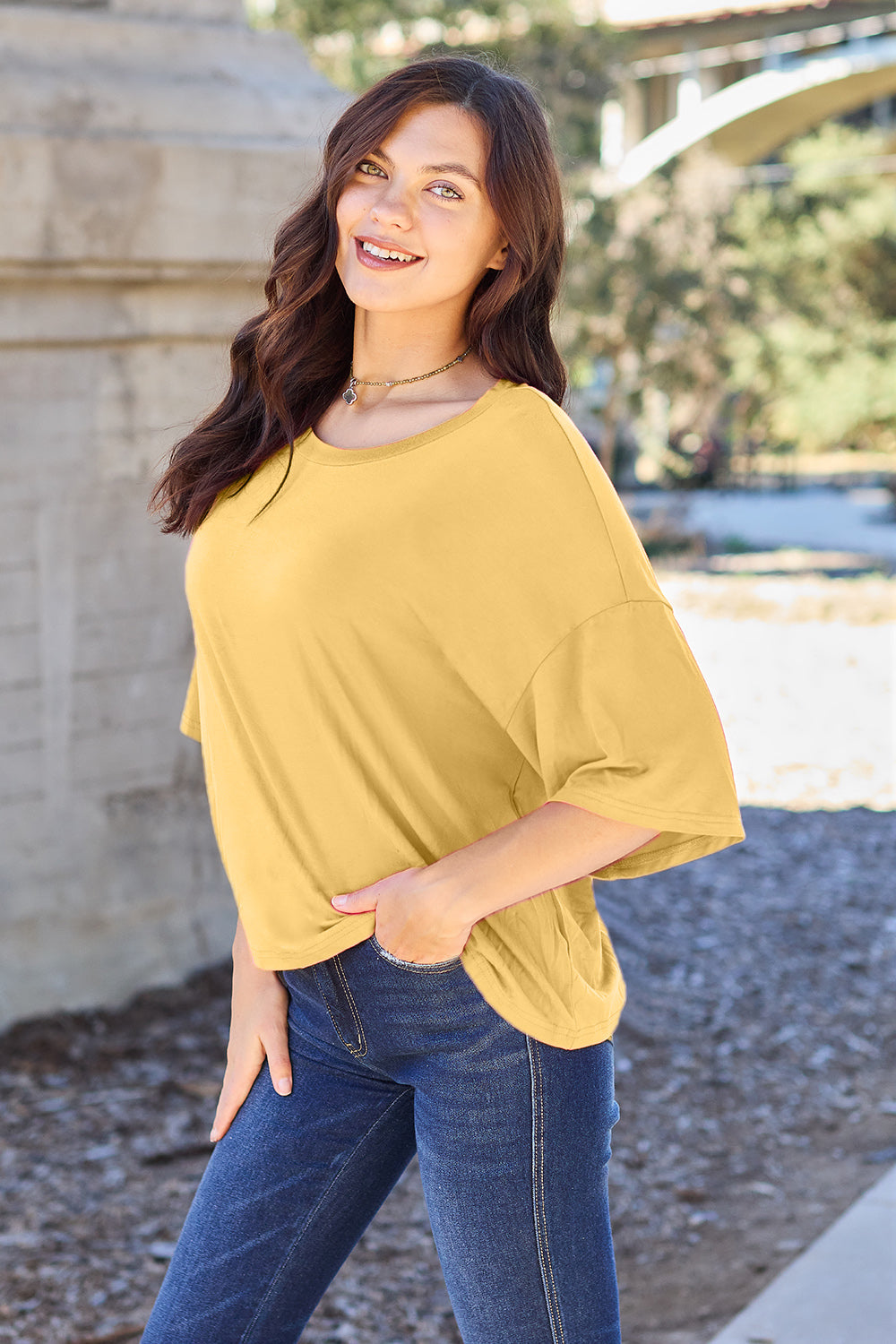 Basic Bae Bamboo Full Size Round Neck Drop Shoulder T-Shirt - Fragrance Spice
