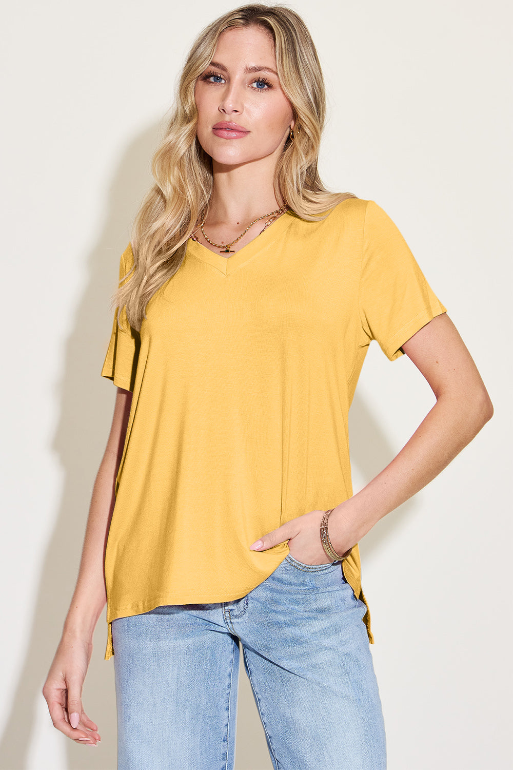 Basic Bae Bamboo Full Size V-Neck High-Low T-Shirt - Fragrance Spice