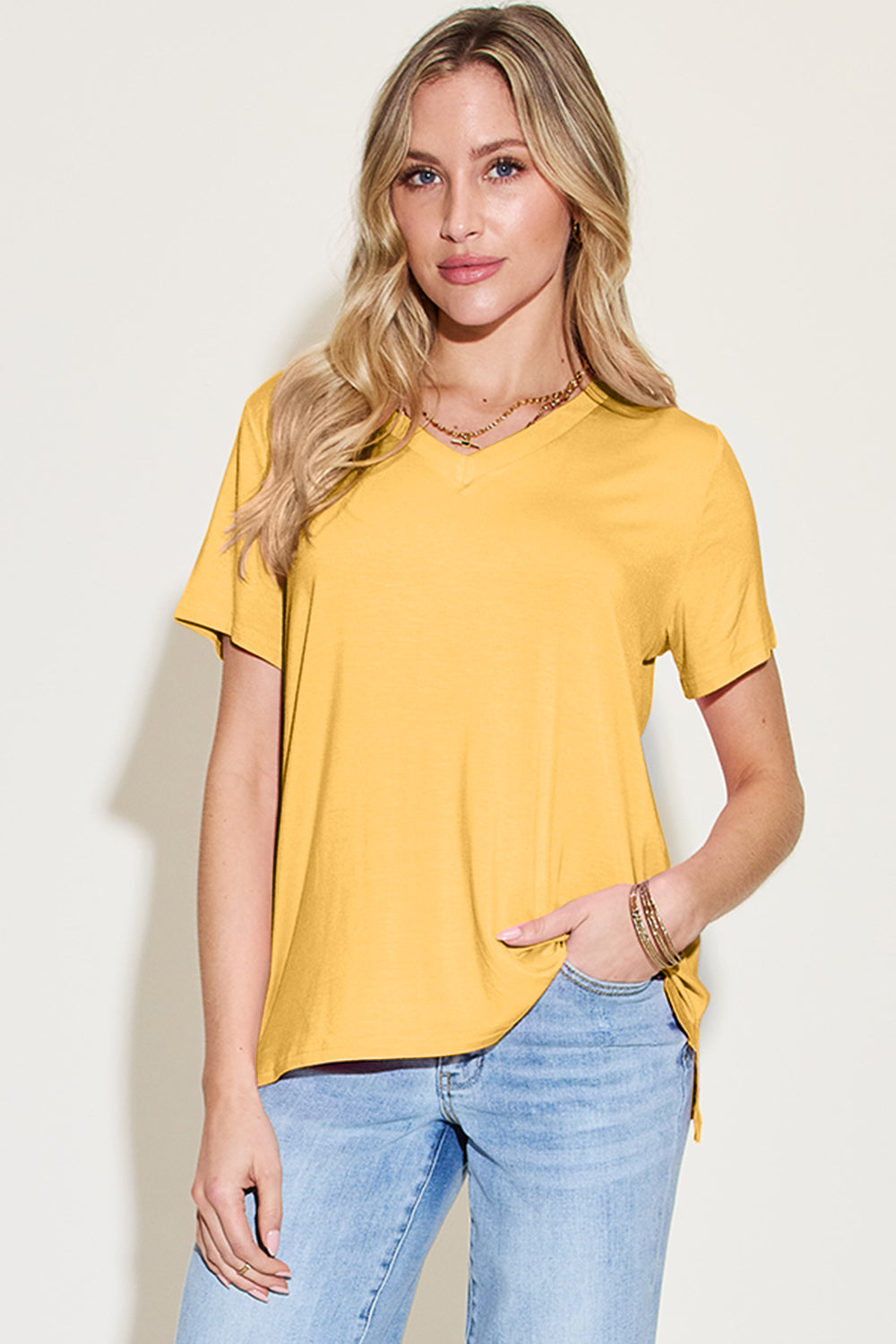 Basic Bae Bamboo Full Size V-Neck High-Low T-Shirt - Fragrance Spice
