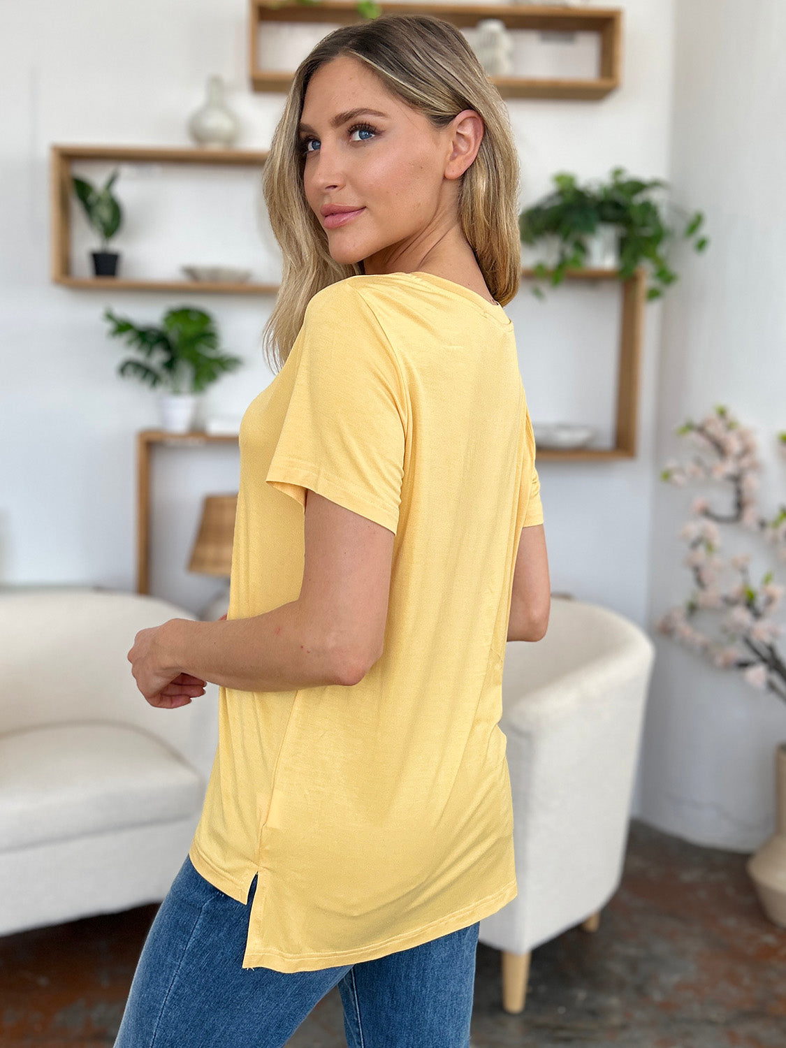 Basic Bae Bamboo Full Size V-Neck High-Low T-Shirt - Fragrance Spice