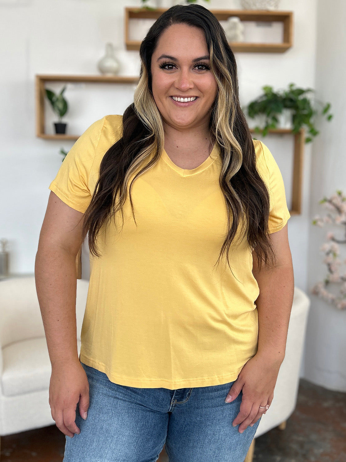 Basic Bae Bamboo Full Size V-Neck High-Low T-Shirt - Fragrance Spice