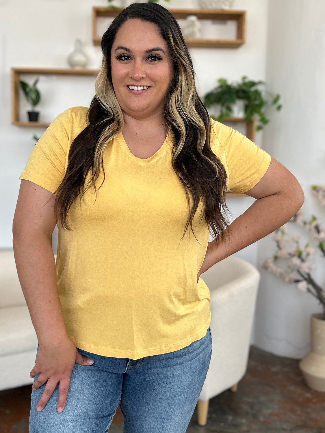Basic Bae Bamboo Full Size V-Neck High-Low T-Shirt - Fragrance Spice