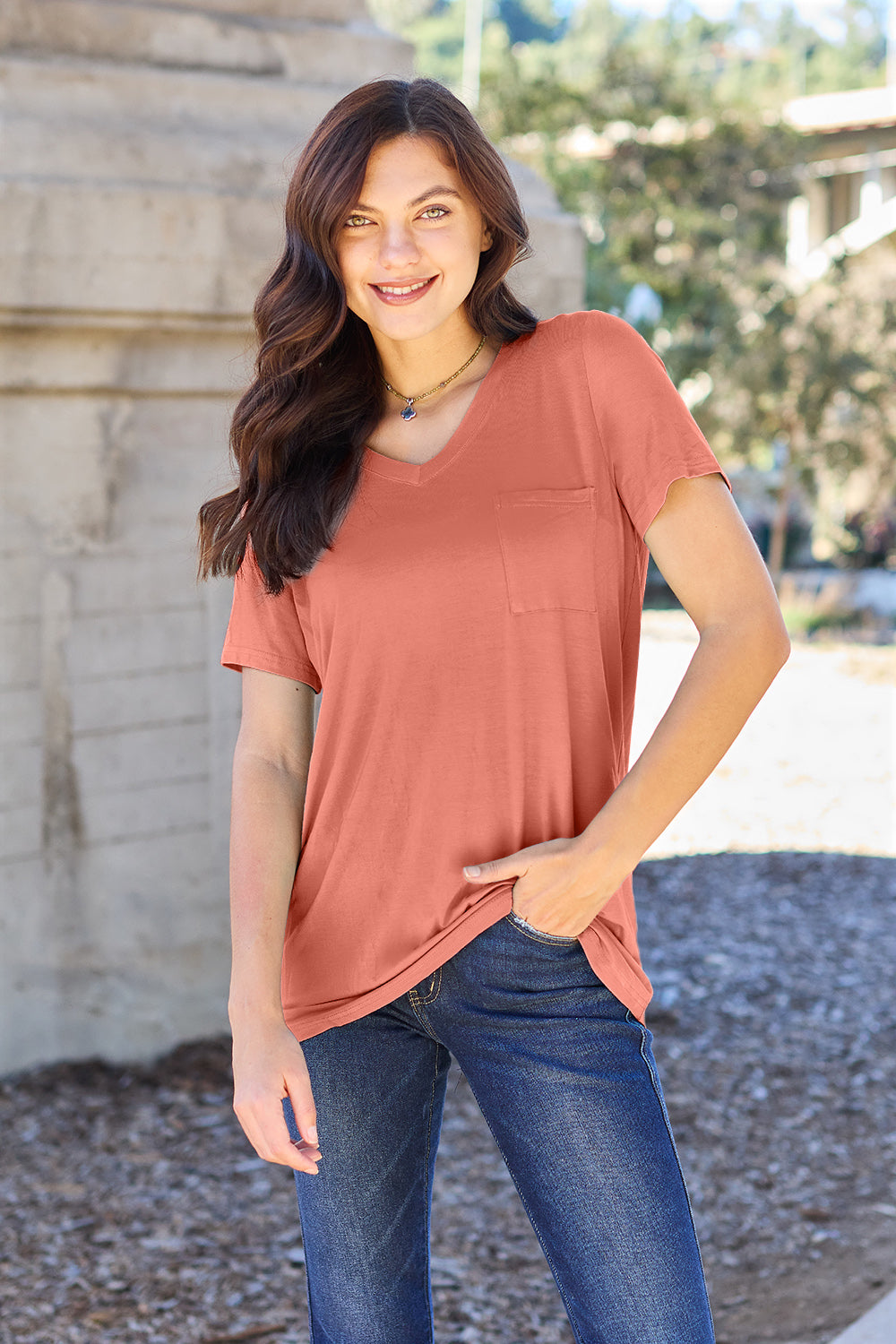 Basic Bae Bamboo Full Size  V-Neck Short Sleeve T-Shirt - Fragrance Spice