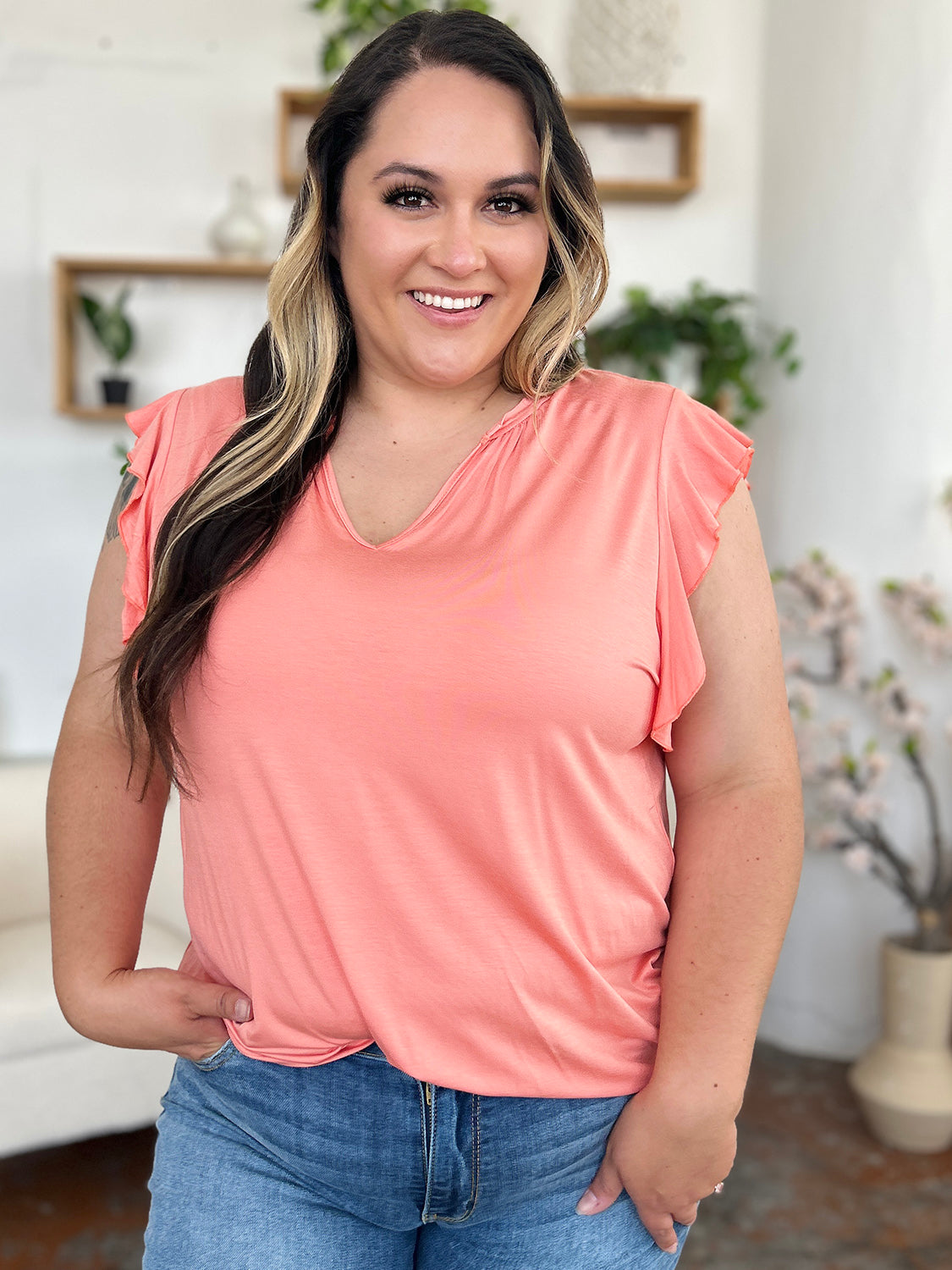 Basic Bae Full Size Bamboo Notched Ruffled Short Sleeve T-Shirt - Fragrance Spice