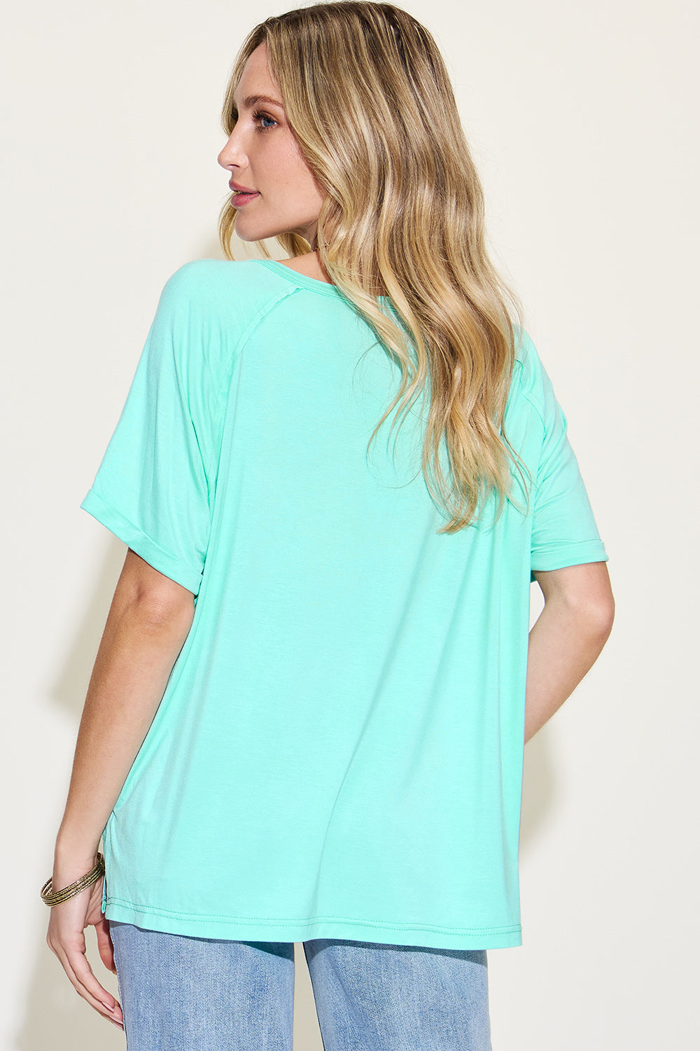 Basic Bae Full Size Bamboo Slit V-Neck Short Sleeve T-Shirt - Fragrance Spice