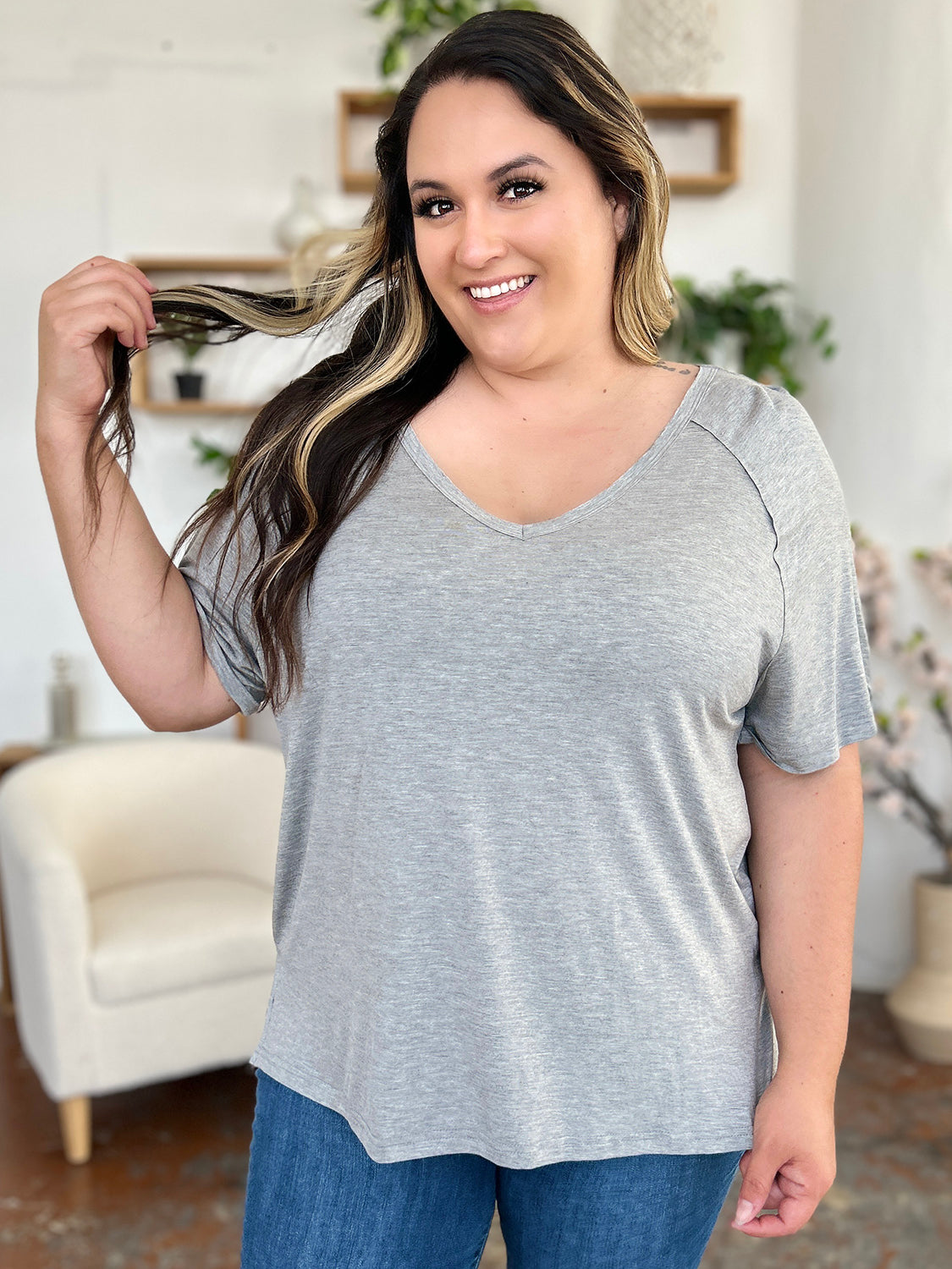 Basic Bae Full Size Bamboo Slit V-Neck Short Sleeve T-Shirt - Fragrance Spice