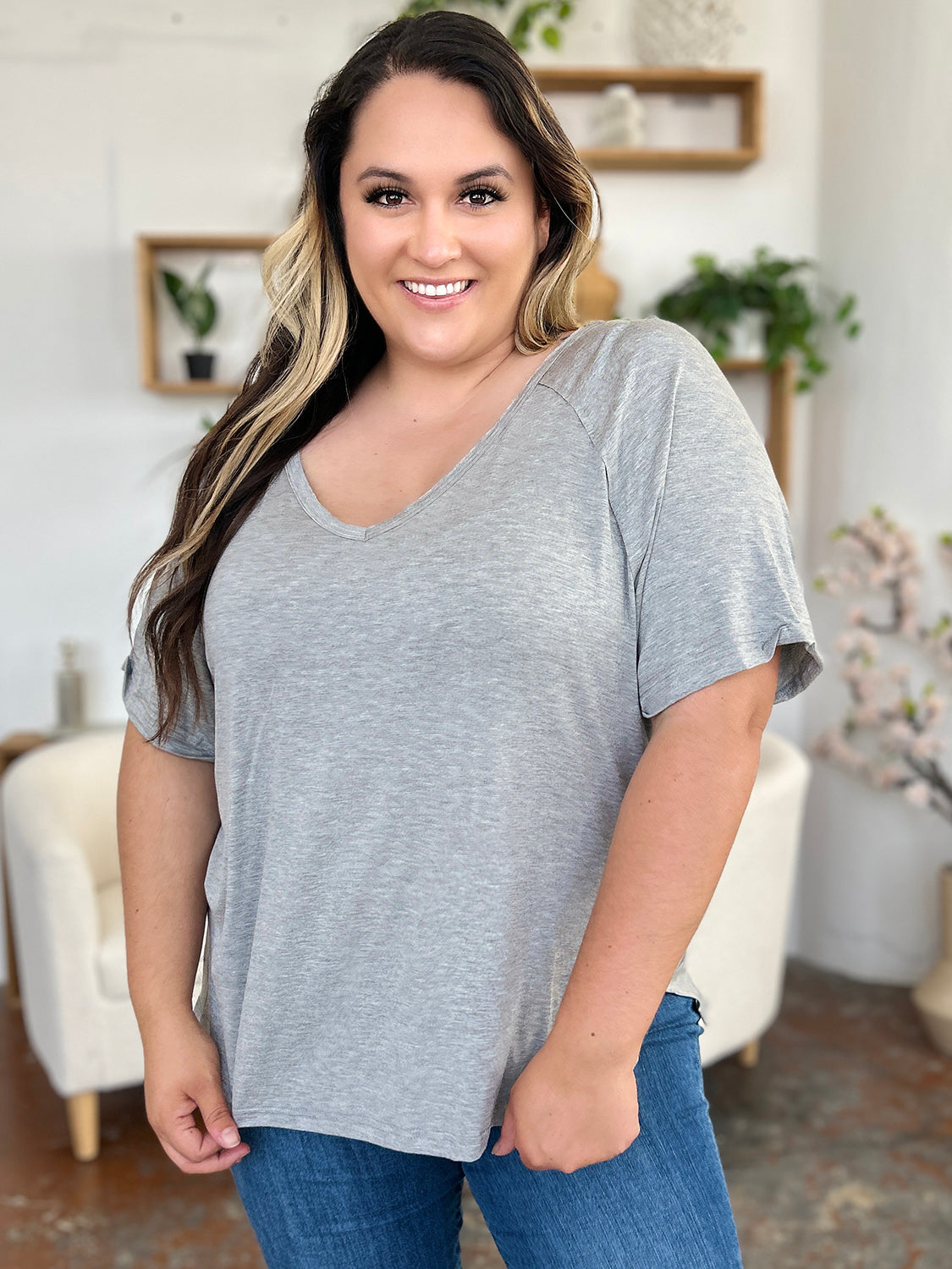 Basic Bae Full Size Bamboo Slit V-Neck Short Sleeve T-Shirt - Fragrance Spice