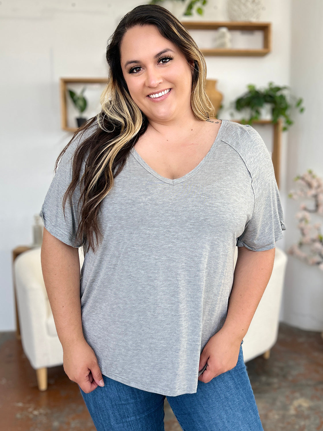 Basic Bae Full Size Bamboo Slit V-Neck Short Sleeve T-Shirt - Fragrance Spice