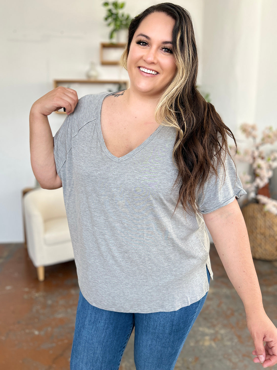 Basic Bae Full Size Bamboo Slit V-Neck Short Sleeve T-Shirt - Fragrance Spice