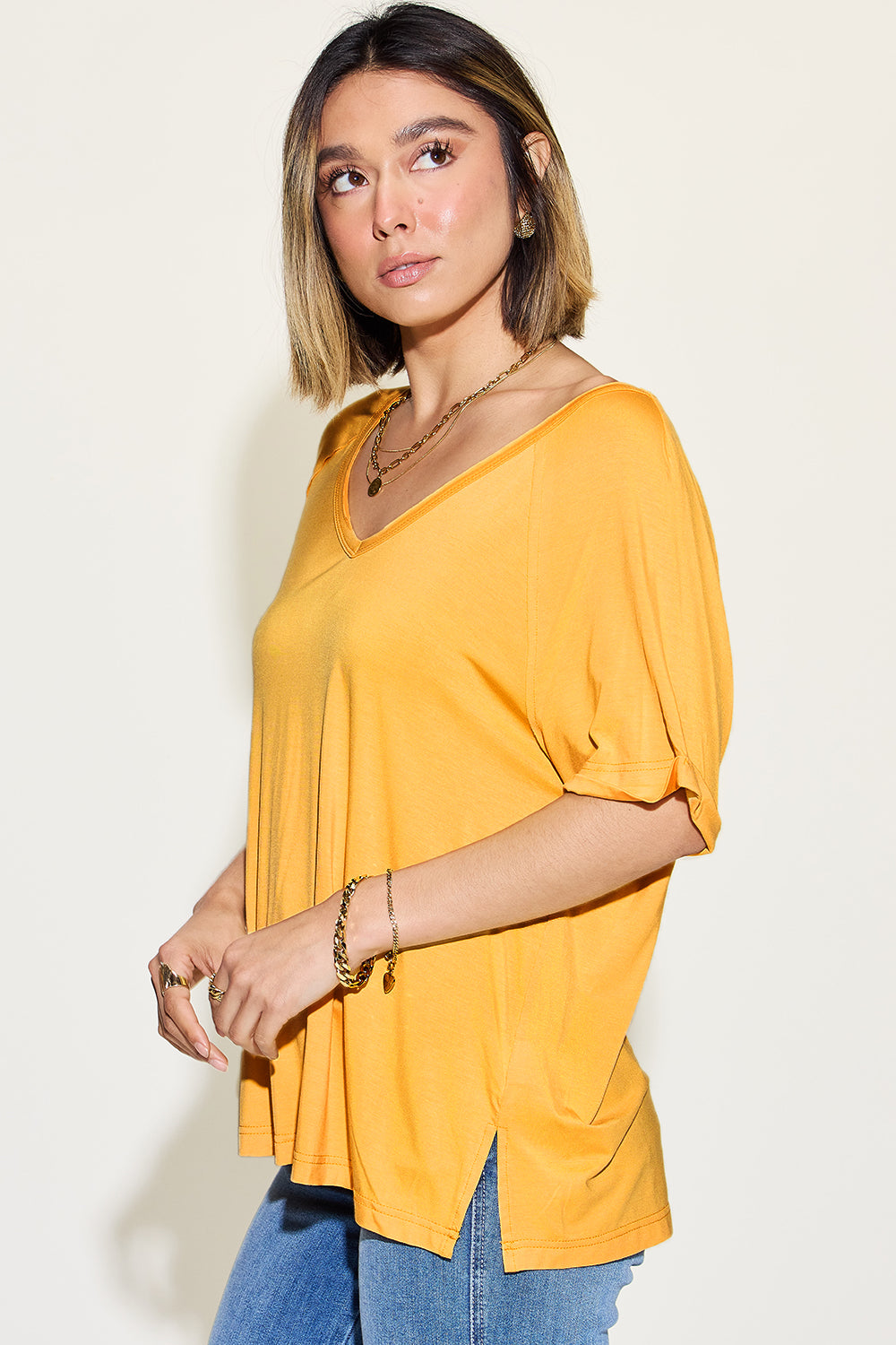 Basic Bae Full Size Bamboo Slit V-Neck Short Sleeve T-Shirt - Fragrance Spice