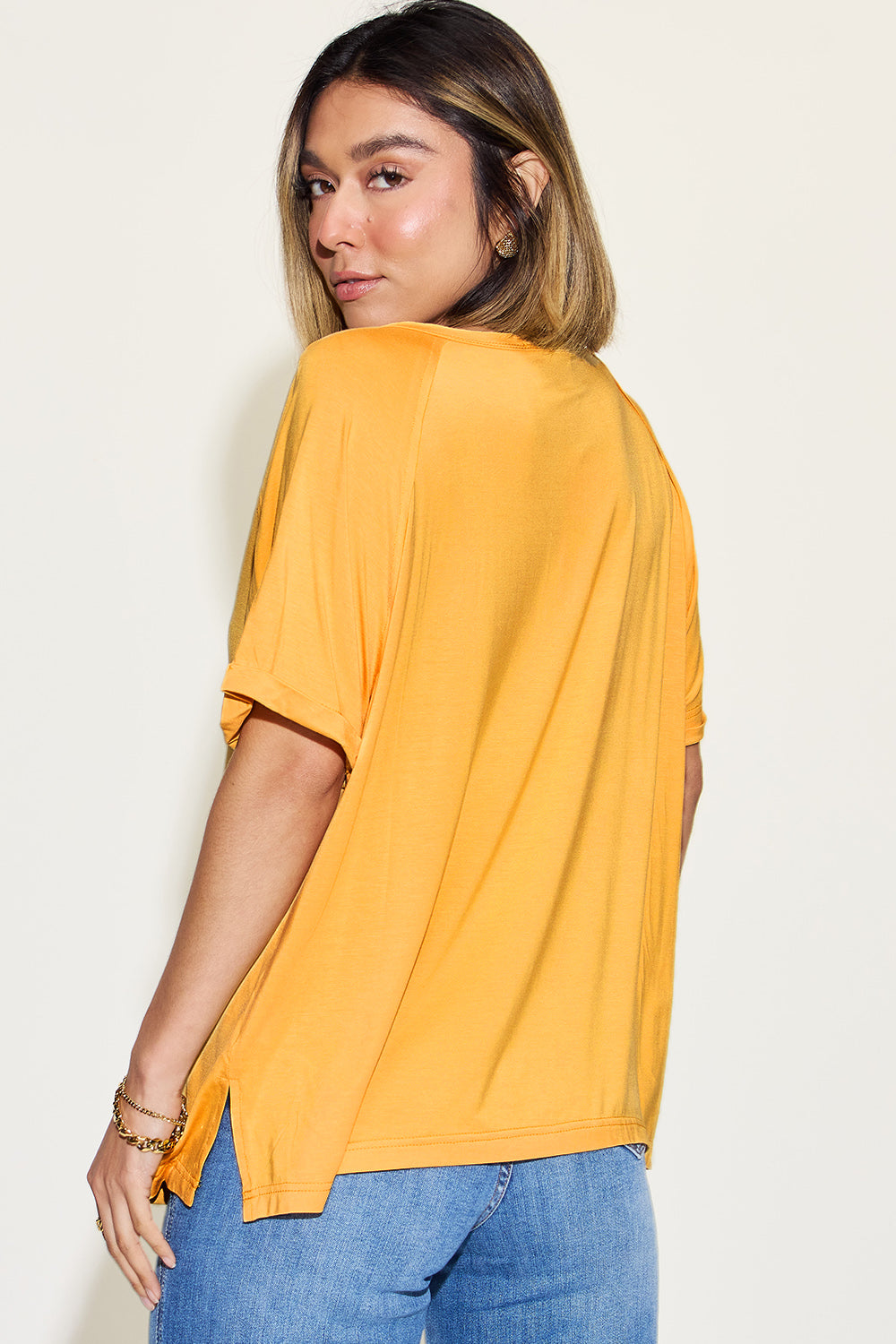 Basic Bae Full Size Bamboo Slit V-Neck Short Sleeve T-Shirt - Fragrance Spice