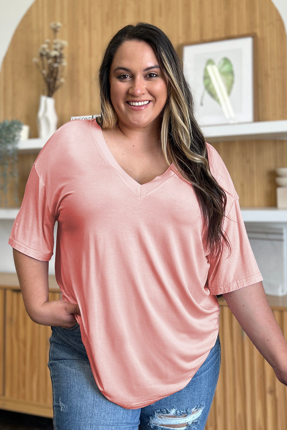 Basic Bae Full Size Bamboo V-Neck Drop Shoulder T-Shirt - Fragrance Spice