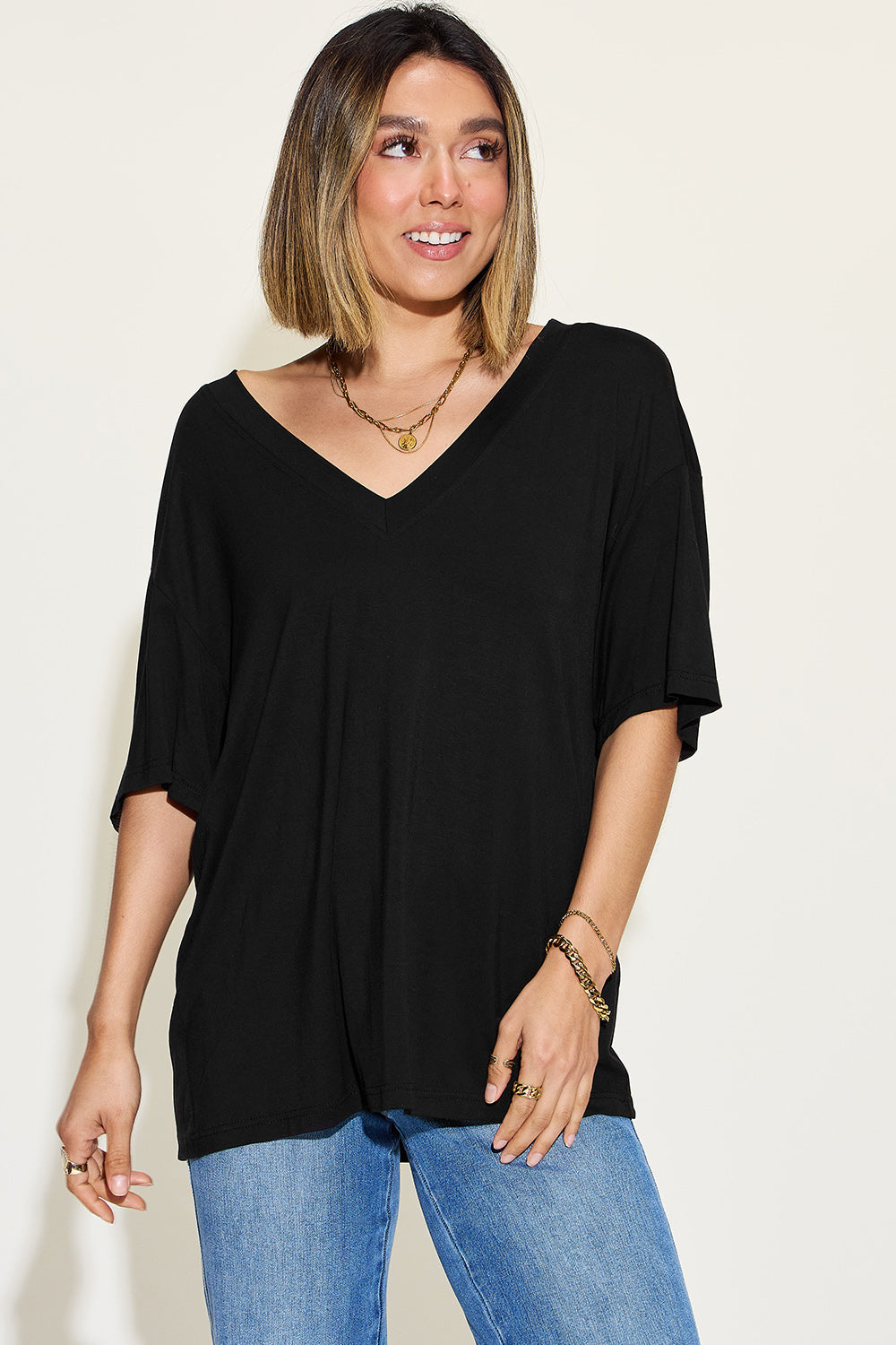 Basic Bae Full Size Bamboo V-Neck Drop Shoulder T-Shirt - Fragrance Spice
