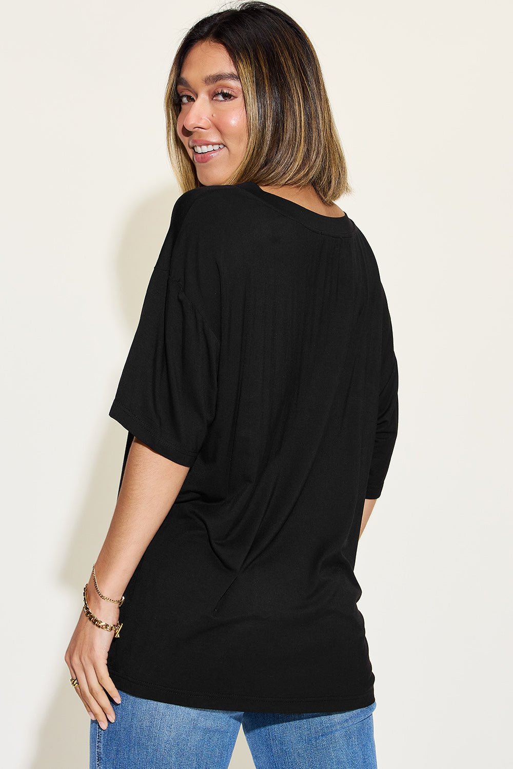 Basic Bae Full Size Bamboo V-Neck Drop Shoulder T-Shirt - Fragrance Spice