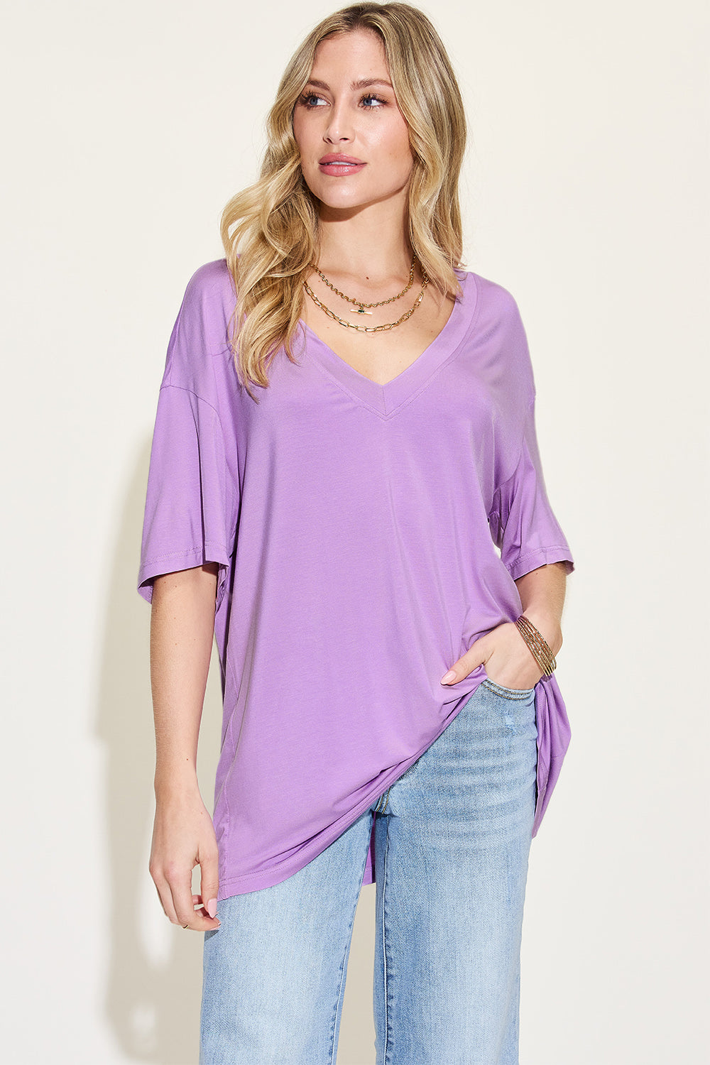 Basic Bae Full Size Bamboo V-Neck Drop Shoulder T-Shirt - Fragrance Spice