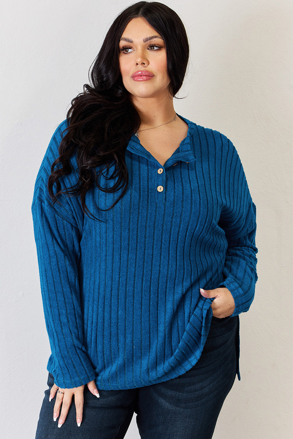 Basic Bae Full Size Ribbed Half Button Long Sleeve High-Low T-Shirt - Fragrance Spice