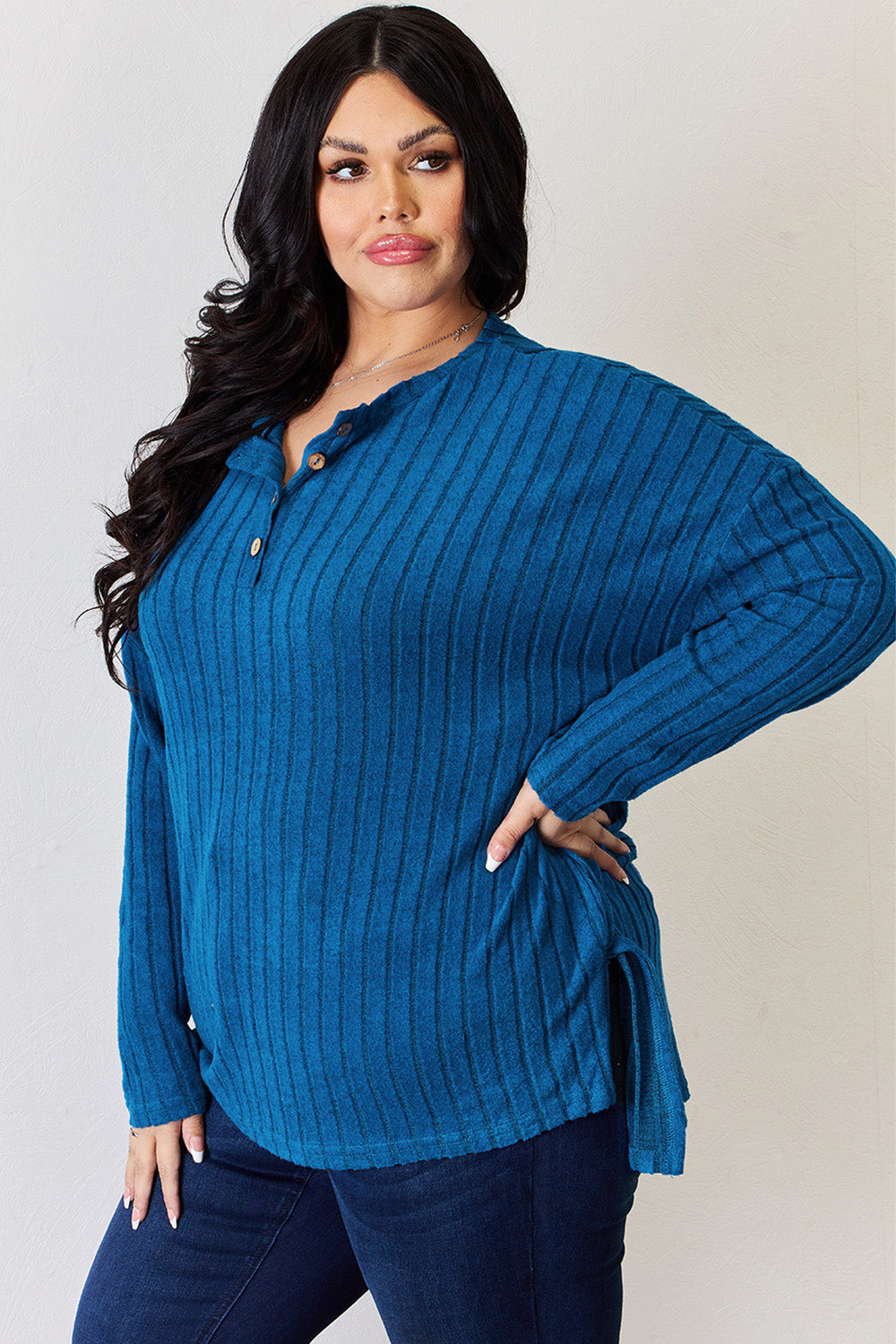 Basic Bae Full Size Ribbed Half Button Long Sleeve High-Low T-Shirt - Fragrance Spice