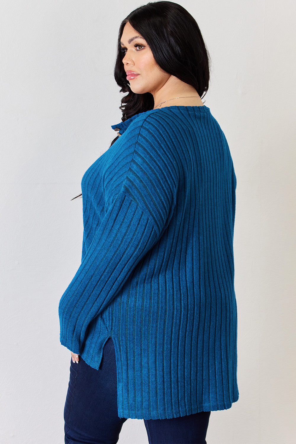 Basic Bae Full Size Ribbed Half Button Long Sleeve High-Low T-Shirt - Fragrance Spice
