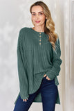Basic Bae Full Size Ribbed Half Button Long Sleeve High-Low T-Shirt - Fragrance Spice