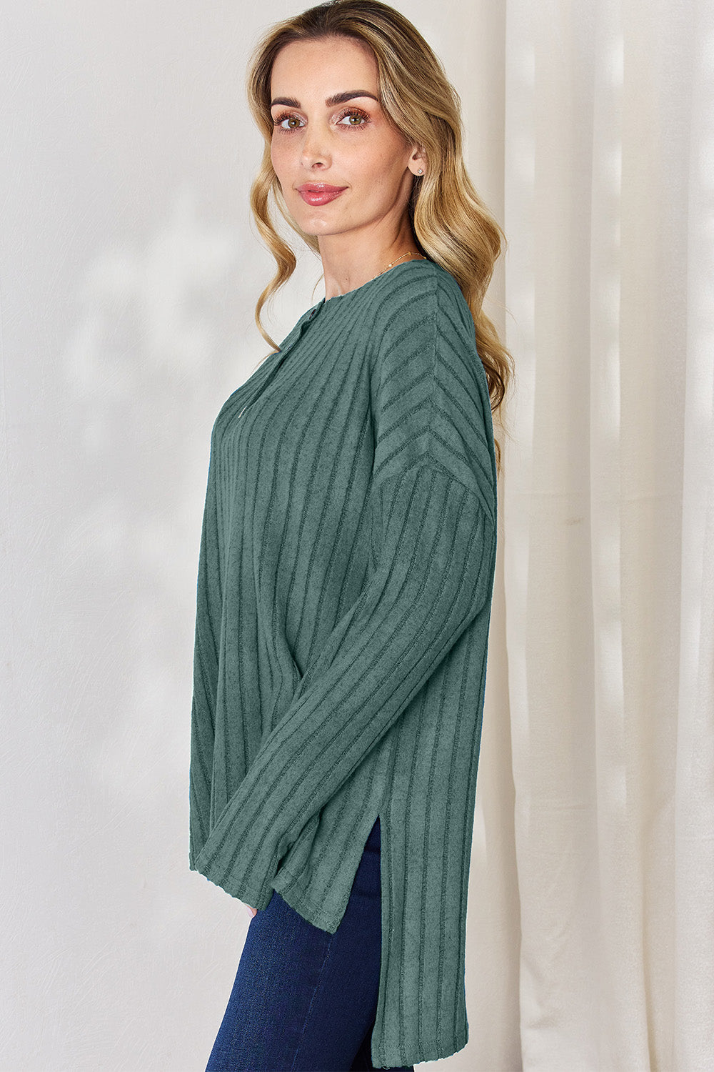 Basic Bae Full Size Ribbed Half Button Long Sleeve High-Low T-Shirt - Fragrance Spice