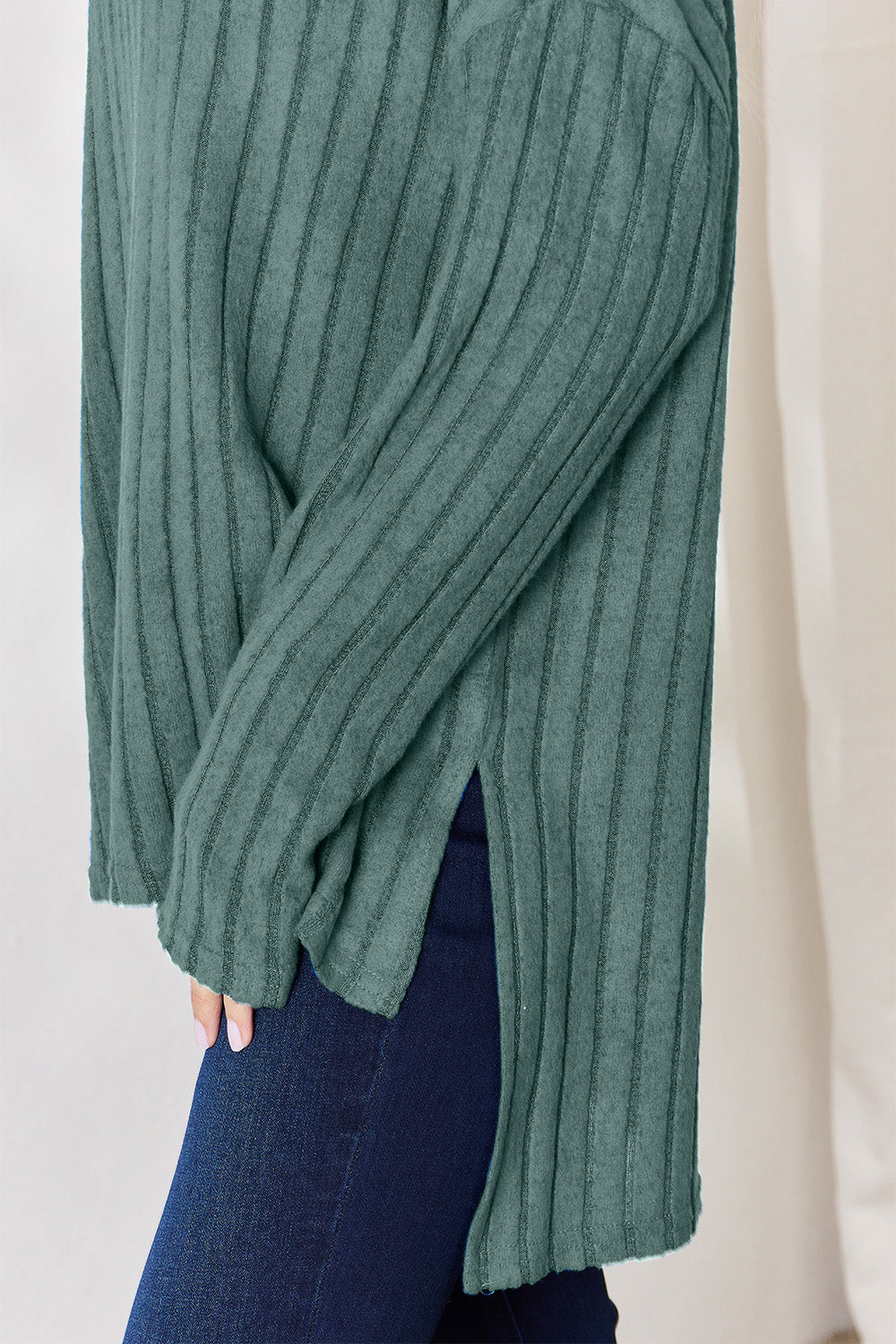 Basic Bae Full Size Ribbed Half Button Long Sleeve High-Low T-Shirt - Fragrance Spice