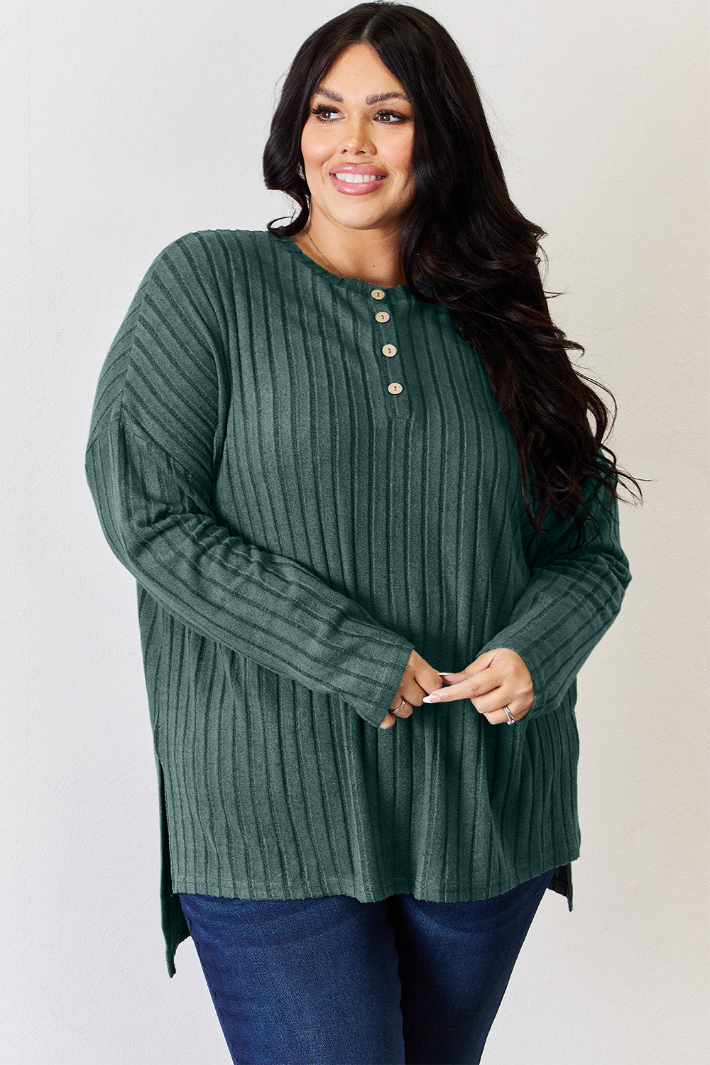 Basic Bae Full Size Ribbed Half Button Long Sleeve High-Low T-Shirt - Fragrance Spice
