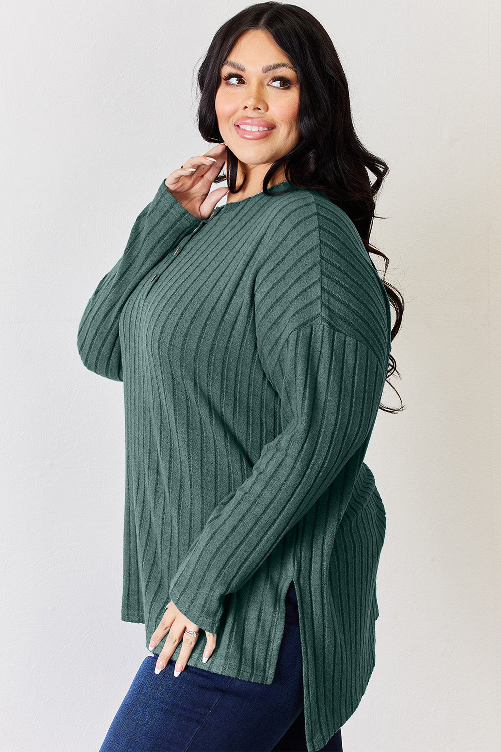 Basic Bae Full Size Ribbed Half Button Long Sleeve High-Low T-Shirt - Fragrance Spice