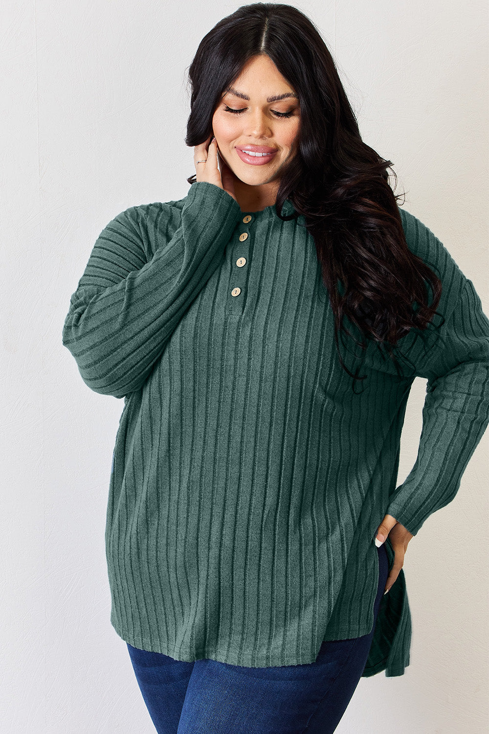 Basic Bae Full Size Ribbed Half Button Long Sleeve High-Low T-Shirt - Fragrance Spice