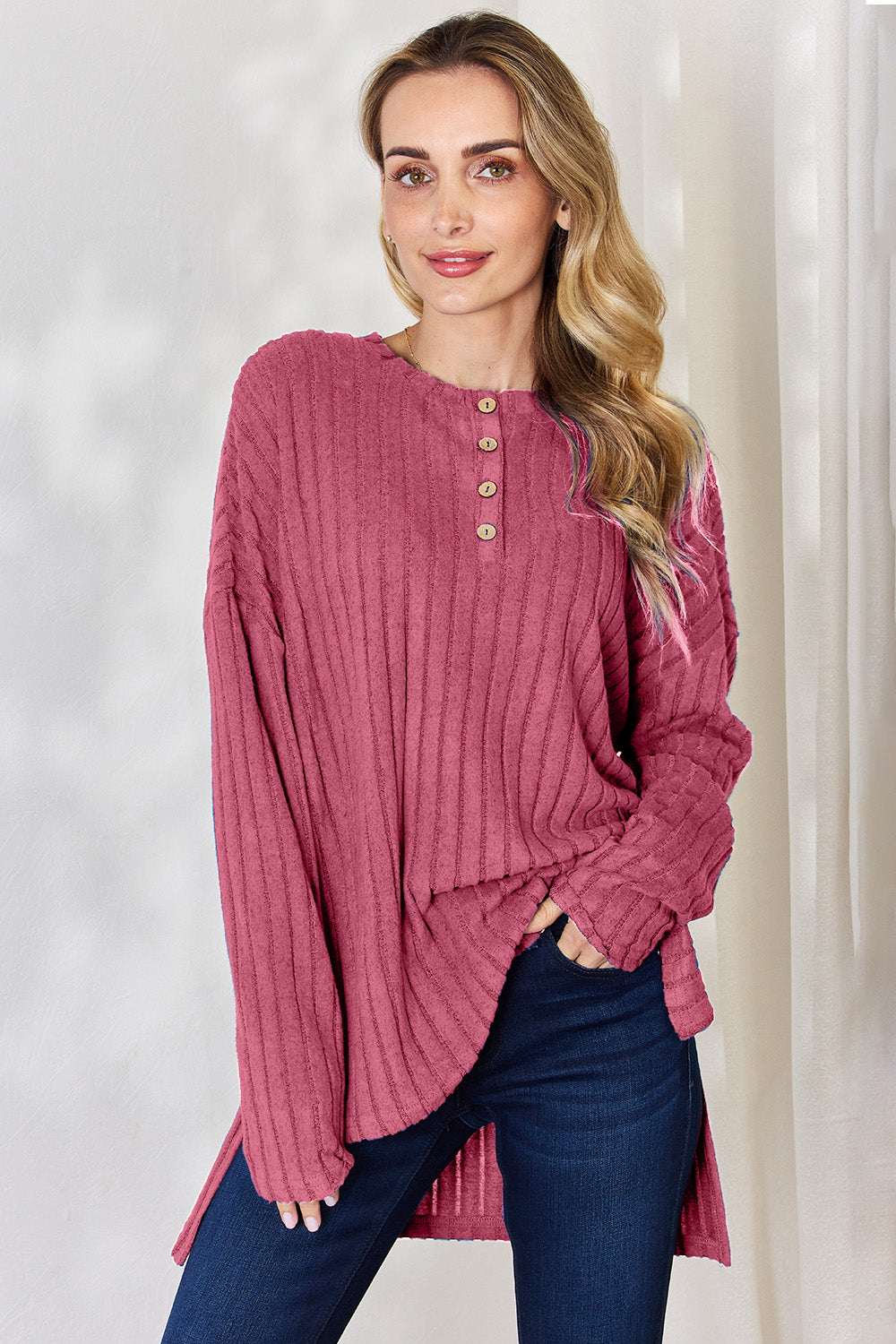 Basic Bae Full Size Ribbed Half Button Long Sleeve High-Low T-Shirt - Fragrance Spice