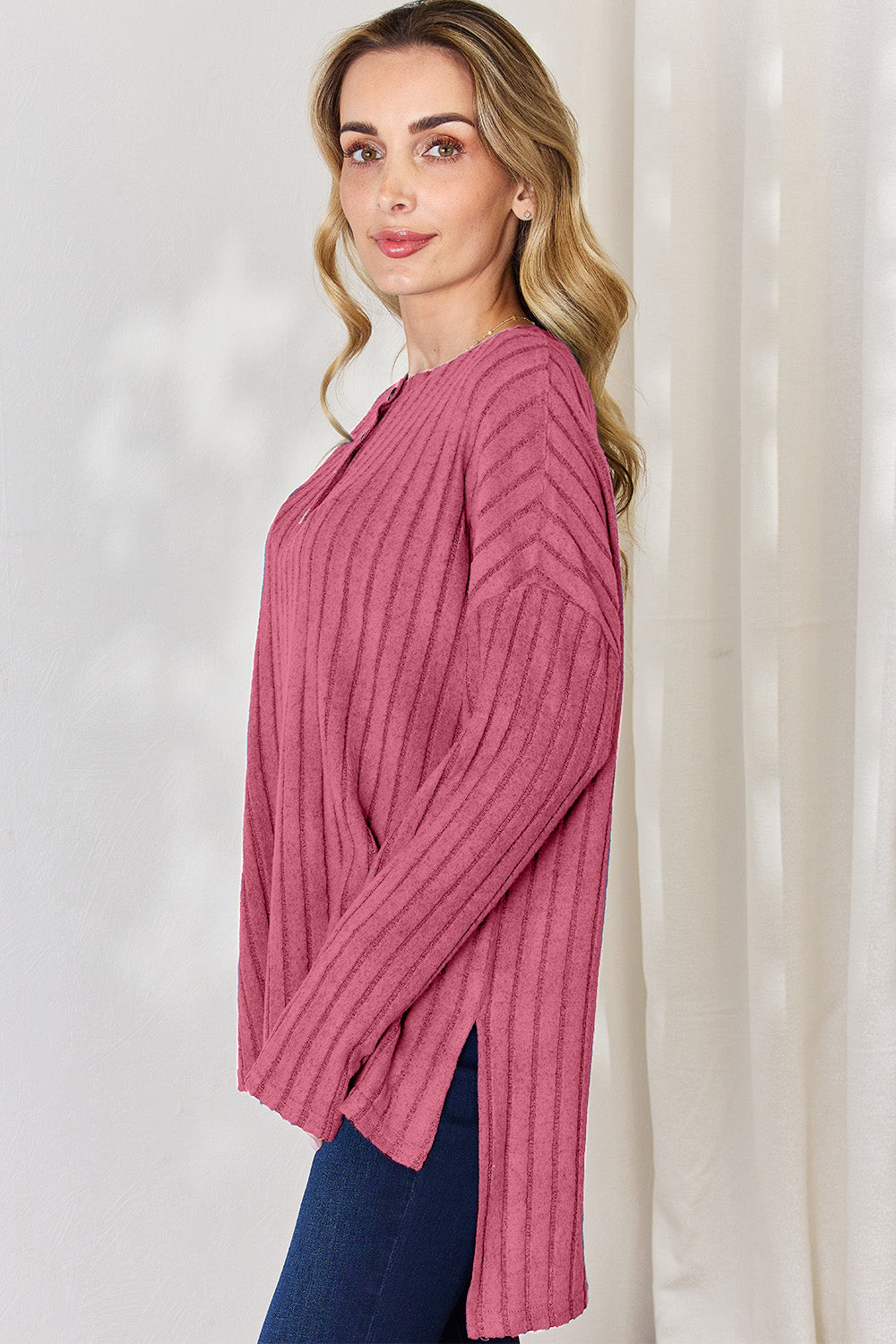 Basic Bae Full Size Ribbed Half Button Long Sleeve High-Low T-Shirt - Fragrance Spice