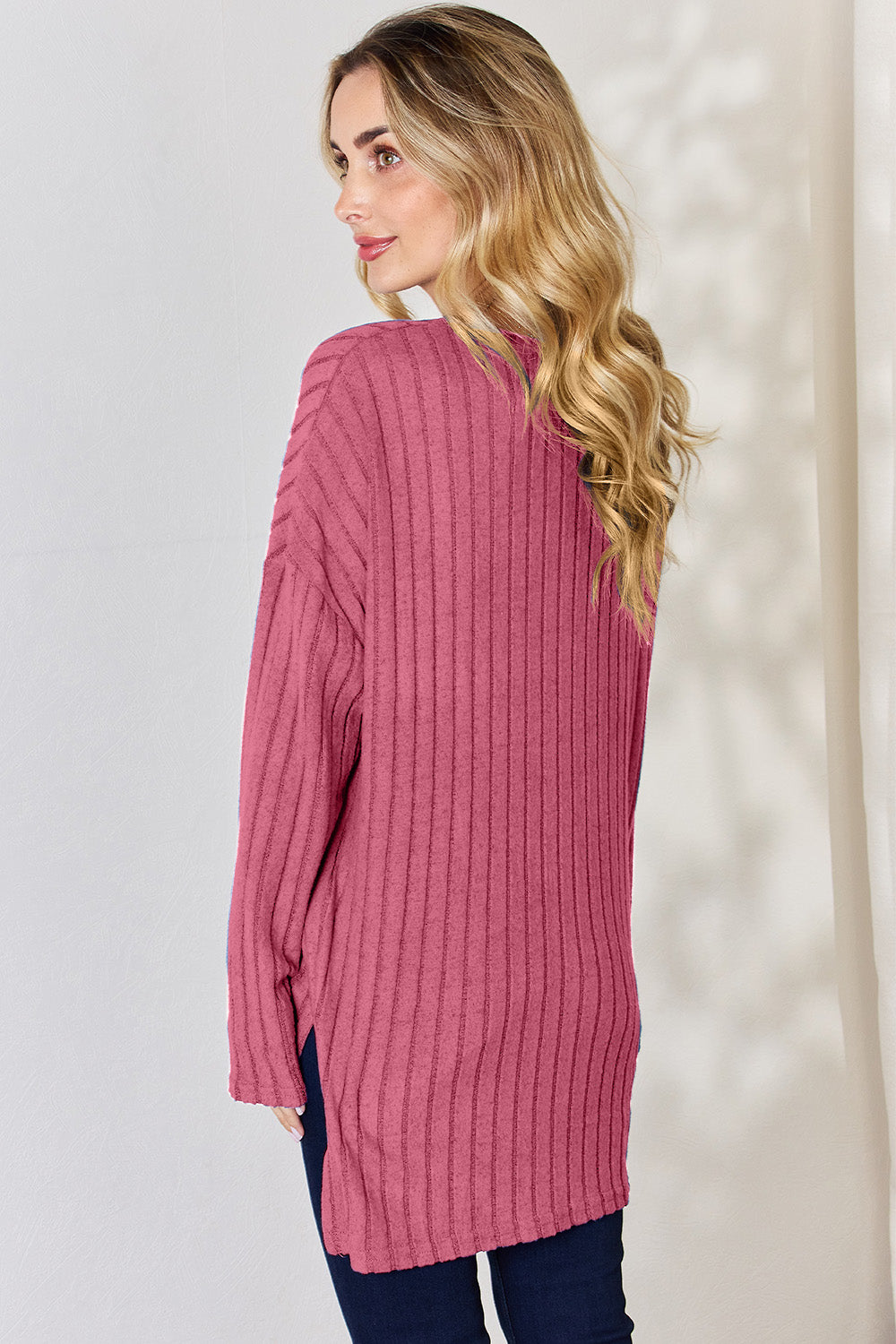 Basic Bae Full Size Ribbed Half Button Long Sleeve High-Low T-Shirt - Fragrance Spice