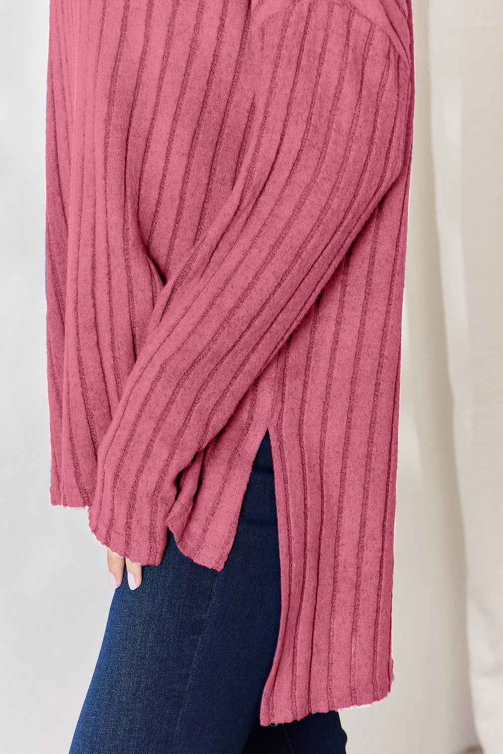 Basic Bae Full Size Ribbed Half Button Long Sleeve High-Low T-Shirt - Fragrance Spice