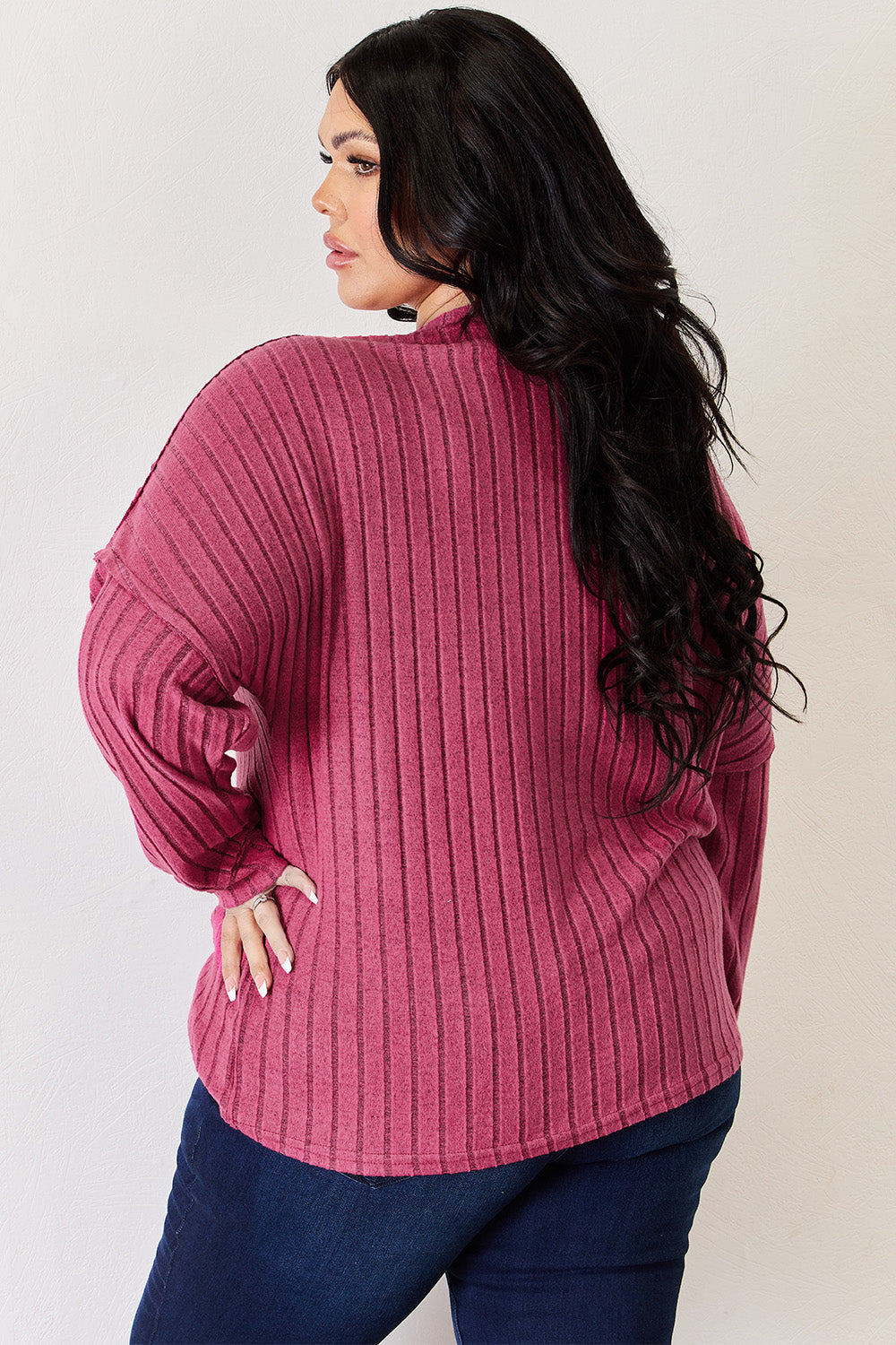 Basic Bae Full Size Ribbed Half Button Long Sleeve High-Low T-Shirt - Fragrance Spice