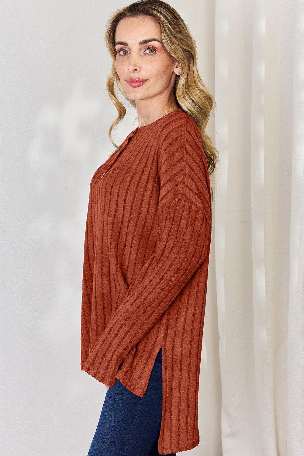 Basic Bae Full Size Ribbed Half Button Long Sleeve High-Low T-Shirt - Fragrance Spice